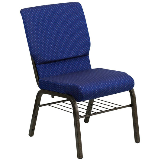 HERCULES Series 18.5''W Church Chair in Navy Blue Patterned Fabric with Book Rack - Gold Vein Frame