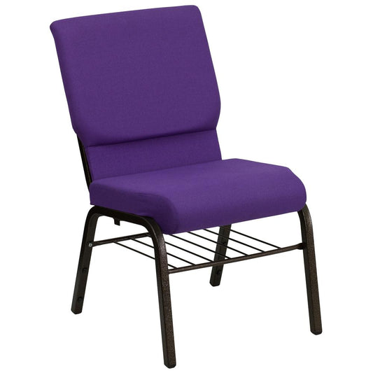 HERCULES Series 18.5''W Church Chair in Purple Fabric with Book Rack - Gold Vein Frame