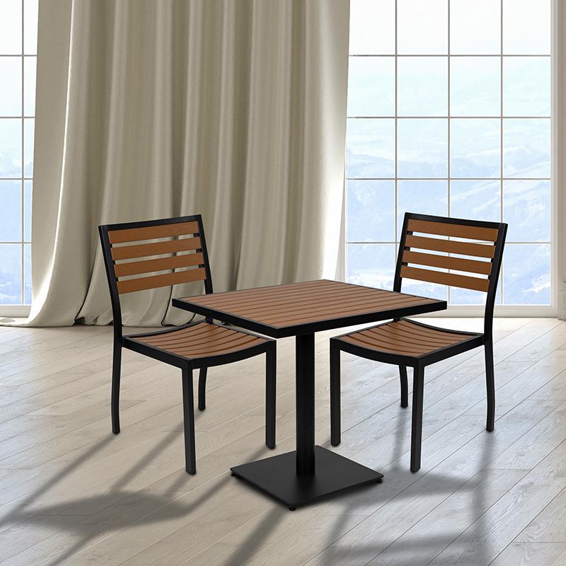 Outdoor Patio Bistro Dining Table Set with 2 Chairs and Faux Teak Poly Slats