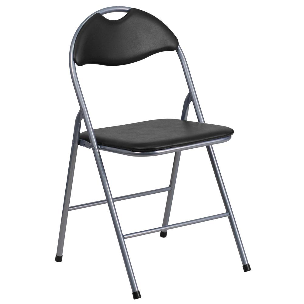 HERCULES Series Black Vinyl Metal Folding Chair with Carrying Handle