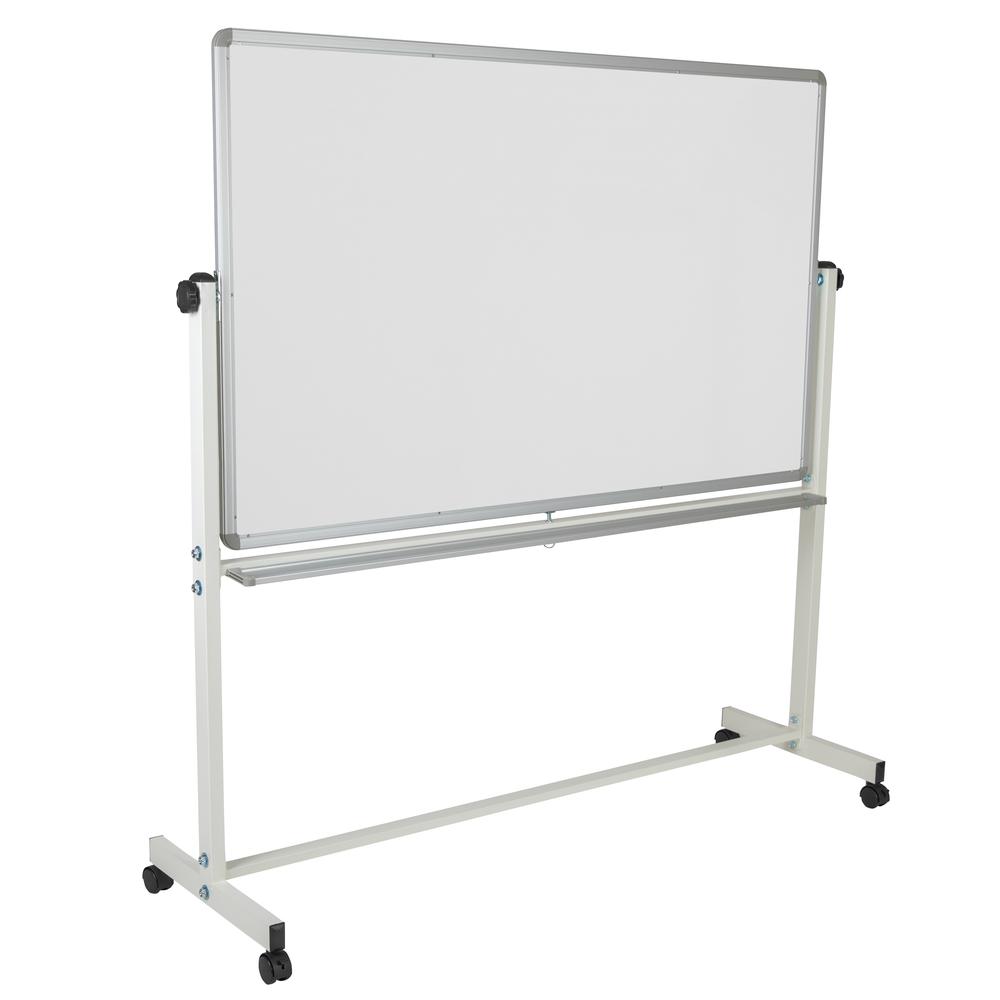 HERCULES Series 64.25"W x 64.75"H Reversible Mobile Cork Bulletin Board and White Board with Pen Tray