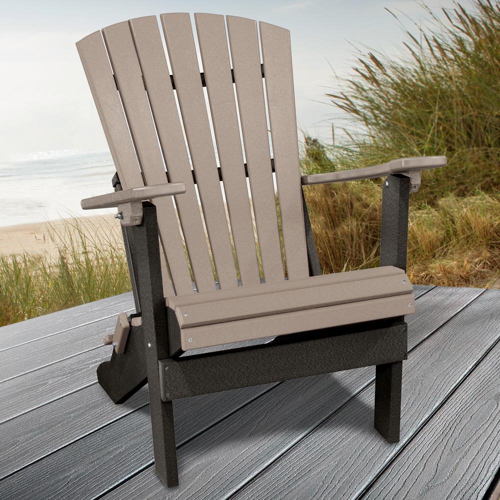 OS Home and Office Model 519WWBK Fan Back Folding Adirondack Chair in Weatherwood with a Black Base, Made in the USA