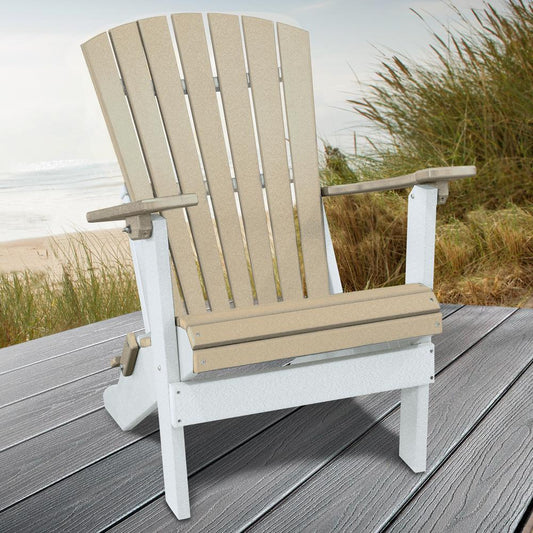 OS Home and Office Model 519WWWT Fan Back Folding Adirondack Chair in Weatherwood with a White Base, Made in the USA