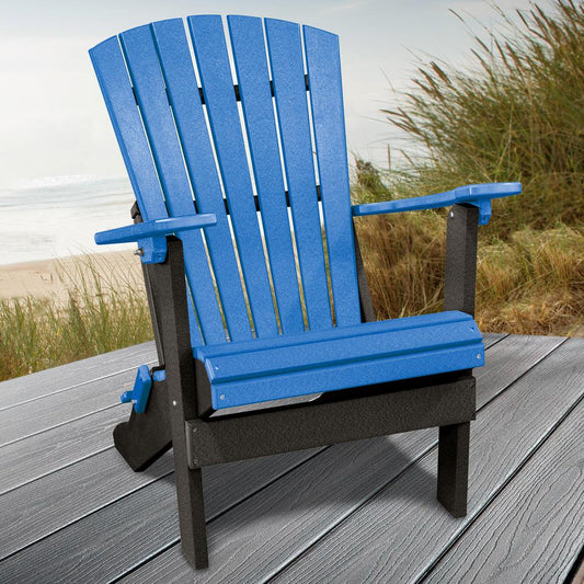 OS Home and Office Model 519BBK Fan Back Folding Adirondack Chair in Blue with a Black Base, Made in the USA