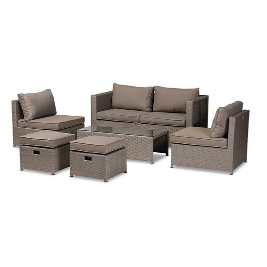 Grey Fabric Upholstered and Grey Finished Synthetic Rattan 6-Piece Patio Set