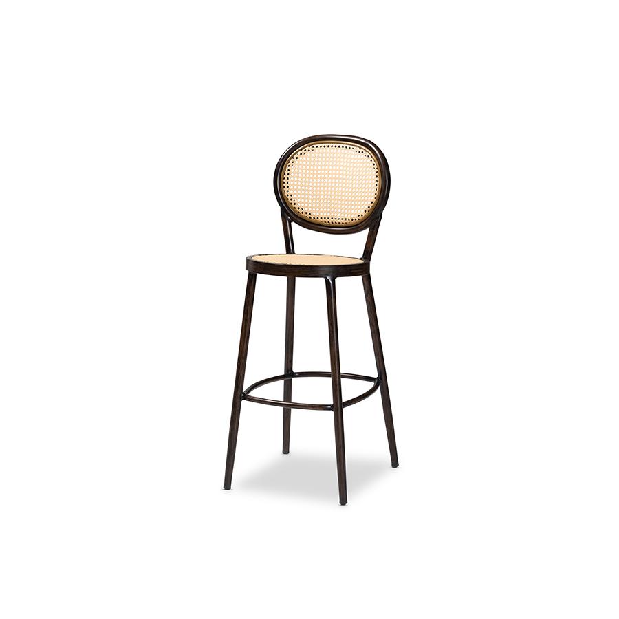 Dark Brown Finished Metal and Synthetic Rattan Outdoor Bar Stool