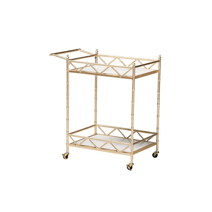 Mela Contemporary Glam and Luxe Gold Metal and White Marble 2-Tier Wine Cart