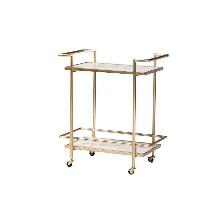 Louise Contemporary Glam and Luxe Gold Metal and White Marble 2-Tier Wine Cart