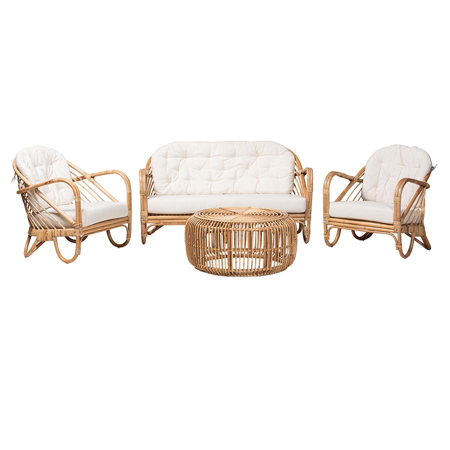 Aliane Modern Bohemian Natural Brown Antique Rattan 4-Piece Living Room Set