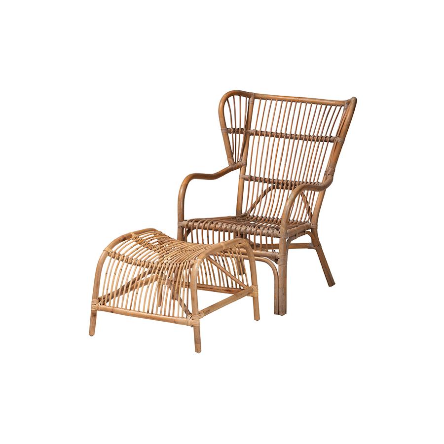 Bohmenian Natural Brown Antique Rattan 2-Piece Chair and Footstool Set