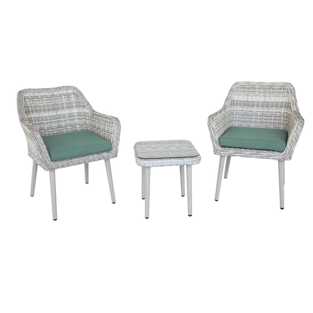 Tashay 3Pc Patio Bistro Set, Green Fabric & Beige Wicker