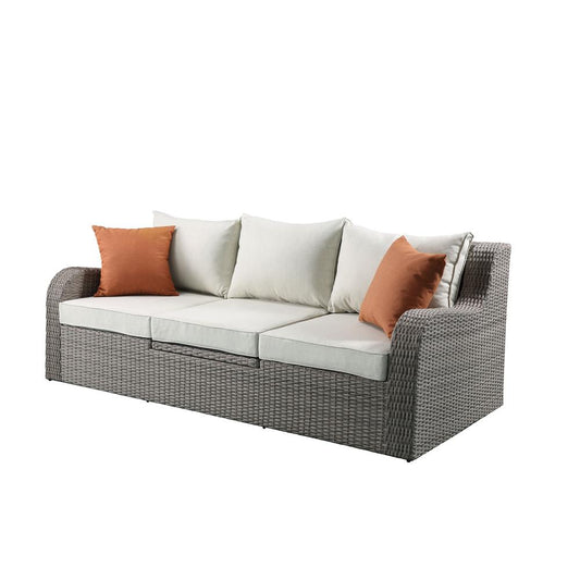 Salena Patio Sectional & 2 Ottomans, Beige Fabric & Gray Wicker