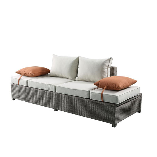 Salena Patio Sofa & Ottoman w/2 Pillows, Beige Fabric & Gray Wicker