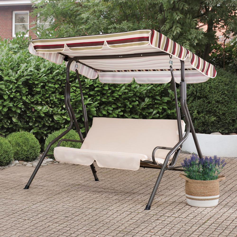 Sunjoy Tan Striped Covered 2-Seat Swing with Tilt Canopy