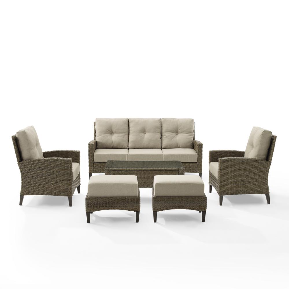 Rockport 6Pc Outdoor Wicker High Back Sofa Set Oatmeal/Light Brown - Sofa, Coffee Table, 2 Armchairs, & 2 Ottomans