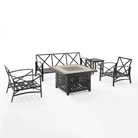 Kaplan 5Pc Outdoor Metal Sofa Set W/Fire Table Mist/Oil Rubbed Bronze - Sofa, Side Table, Tucson Fire Table, & 2 Chairs