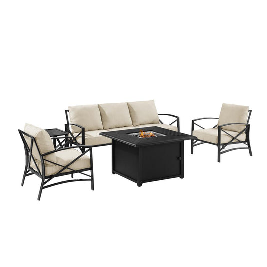 Kaplan 5Pc Outdoor Metal Sofa Set W/Fire Table Oatmeal/Oil Rubbed Bronze - Sofa, Dante Fire Table, Side Table, & 2 Arm Chairs