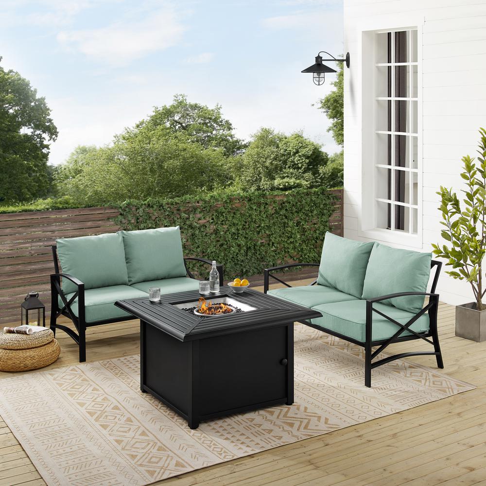 Kaplan 3Pc Outdoor Metal Conversation Set W/Fire Table Mist/Oil Rubbed Bronze - Dante Fire Table & 2 Loveseats