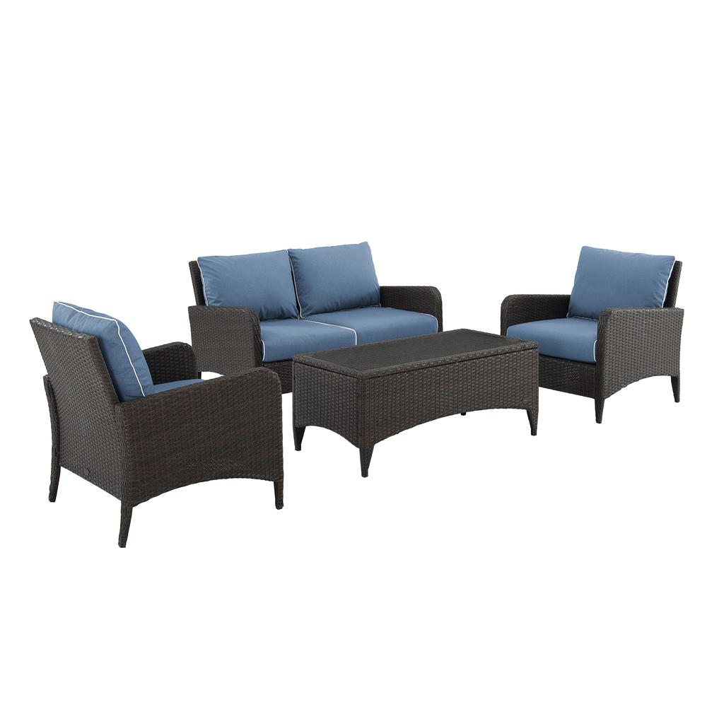 Kiawah 4Pc Outdoor Wicker Conversation Set Blue/Brown - Loveseat, 2 Arm Chairs & Coffee Table