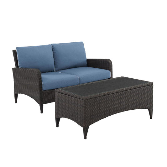 Kiawah 2Pc Outdoor Wicker Conversation Set Blue/Brown - Loveseat & Coffee Table