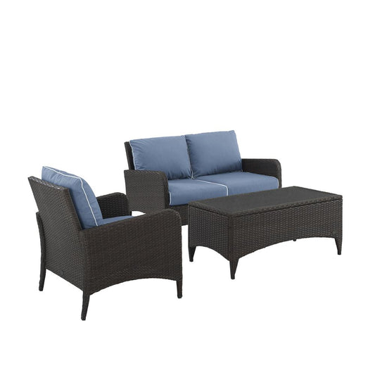 Kiawah 3Pc Outdoor Wicker Conversation Set Blue/Brown - Loveseat, Arm Chair & Coffee Table