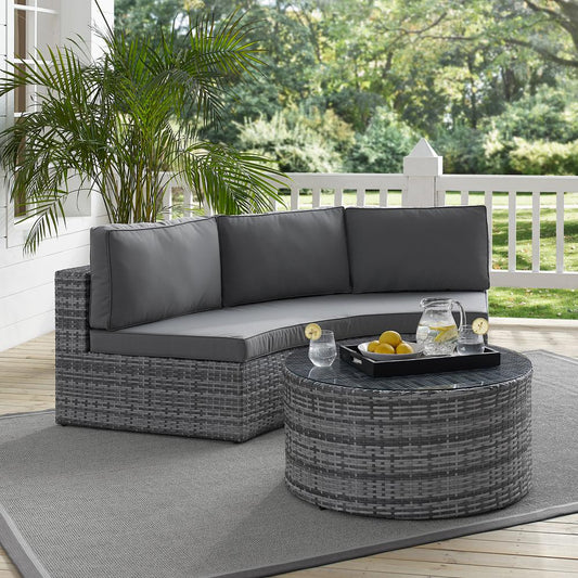 Catalina 2Pc Outdoor Wicker Sectional Set Gray/Gray - Sectional Sofa & Round Glass Top Coffee Table