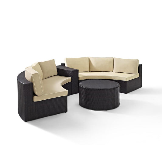 Catalina 4Pc Outdoor Wicker Sectional Set Sand/Brown - Arm Table, Round Glass Top Coffee Table, & 2 Round Sectional Sofas