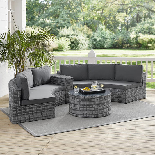 Catalina 4Pc Outdoor Wicker Sectional Set Gray/Gray - Arm Table, Round Glass Top Coffee Table, & 2 Round Sectional Sofas