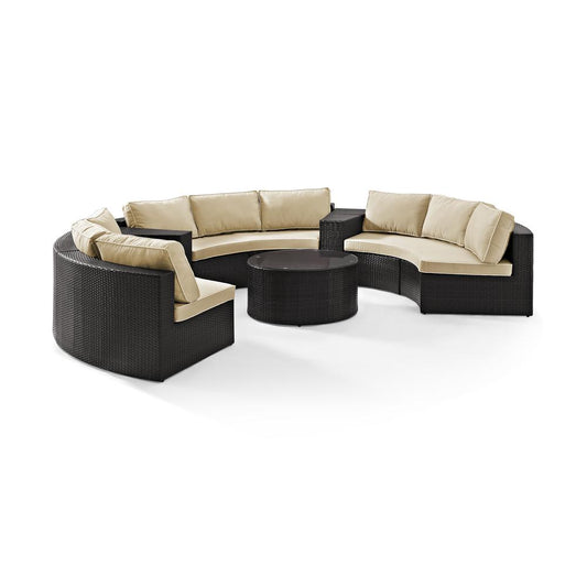 Catalina 6Pc Outdoor Wicker Sectional Set Sand/Brown - Round Glass Top Coffee Table, 3 Round Sectional Sofas, & 2 Arm Tables