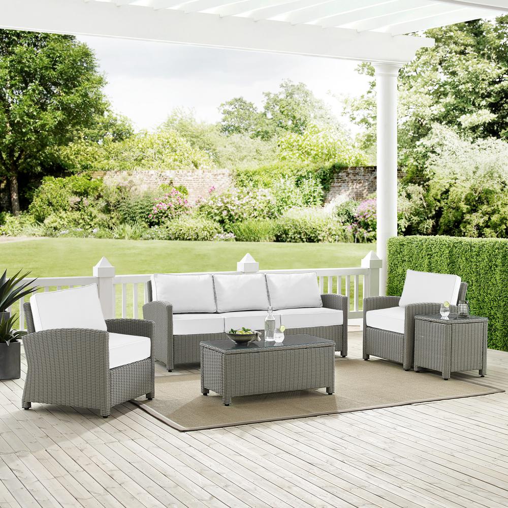 Bradenton 5Pc Outdoor Wicker Sofa Set - Sunbrella White/Gray - Sofa, Side Table, Coffee Table, & 2 Armchairs