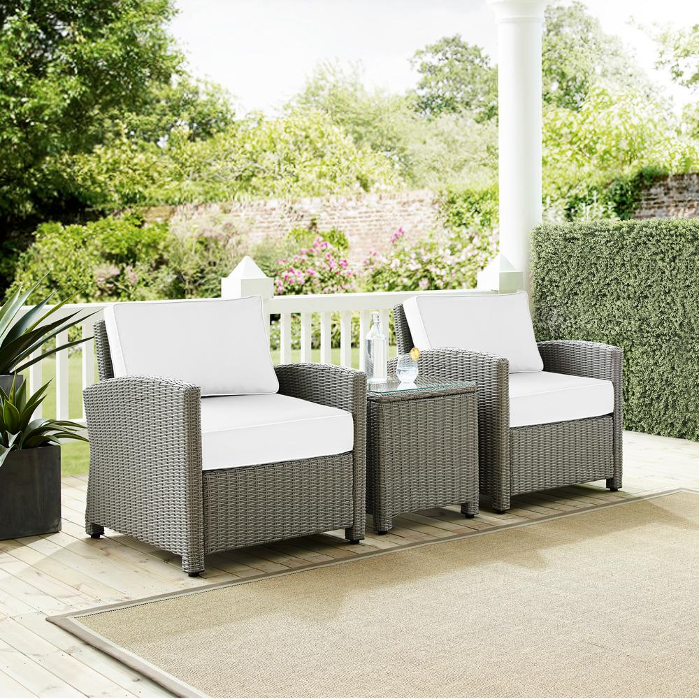 Bradenton 3Pc Outdoor Wicker Armchair Set - Sunbrella White/Gray - Side Table & 2 Armchairs