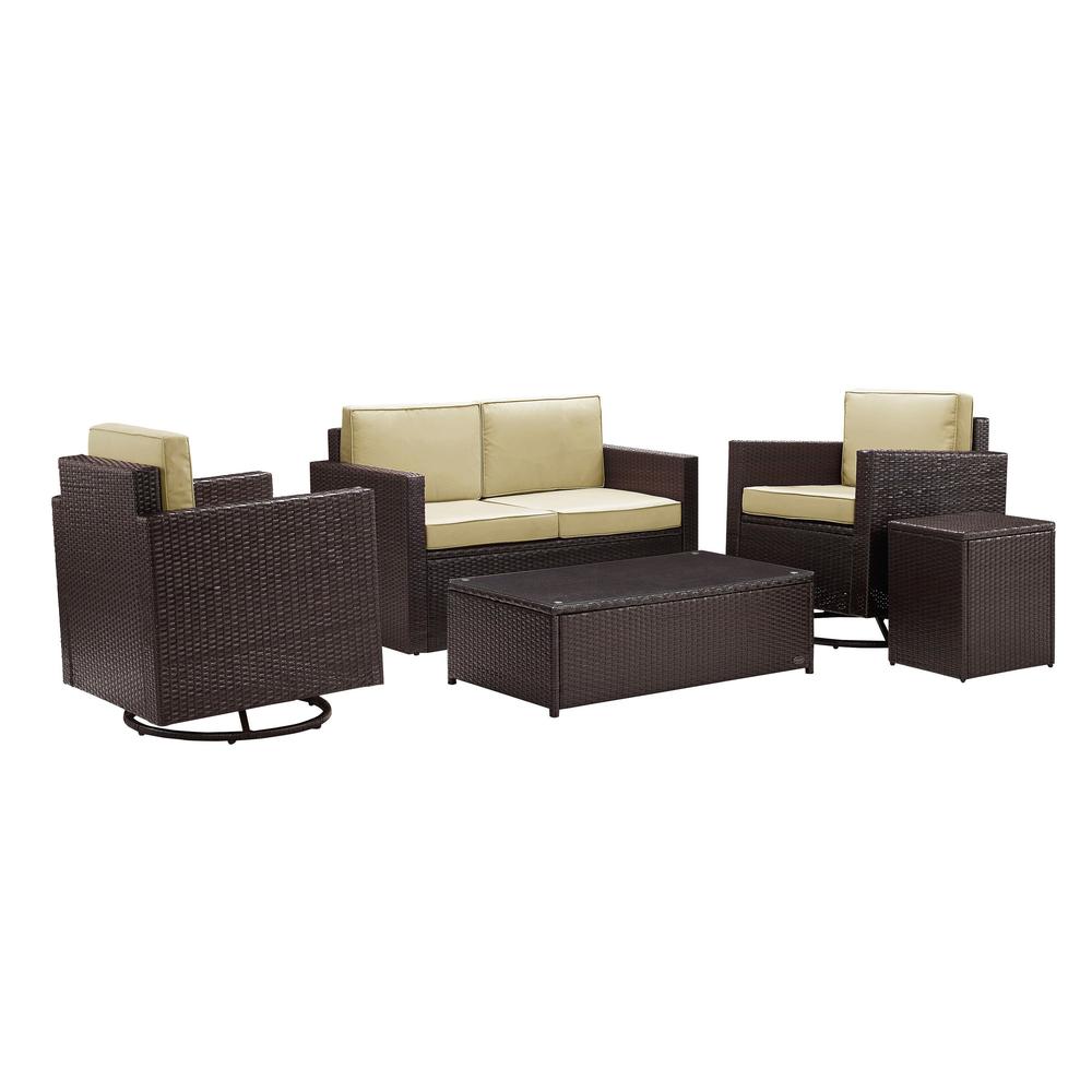 Palm Harbor 5Pc Outdoor Wicker Conversation Set Sand/Brown - Loveseat, Side Table, Coffee Table, & 2 Swivel Chairs