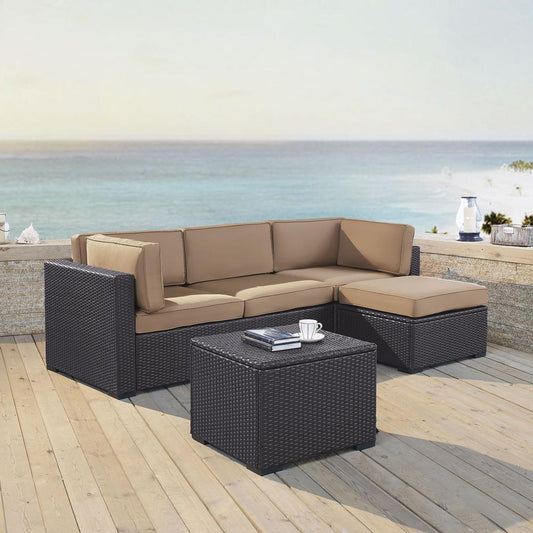 Biscayne 4Pc Outdoor Wicker Sectional Set Mocha/Brown - Loveseat, Corner Chair, Ottoman, & Coffee Table