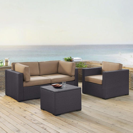 Biscayne 4Pc Outdoor Wicker Conversation Set Mocha/Brown - Arm Chair, Coffee Table, & 2 Corner Chairs