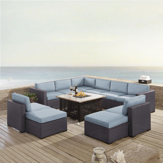 Biscayne 8Pc Outdoor Wicker Sectional Set W/Fire Table Mist/Brown - 3 Loveseats, 2 Armless Chairs, 2 Ottomans, & Tucson Fire Table