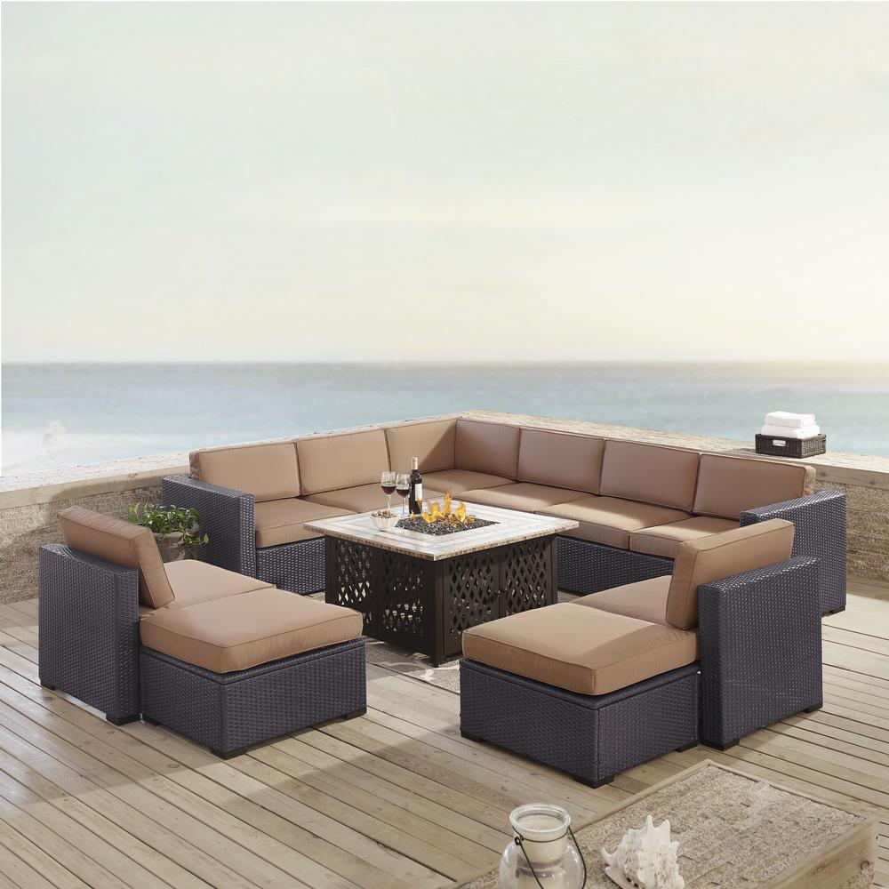 Biscayne 8Pc Outdoor Wicker Sectional Set W/Fire Table Mocha/Brown - 3 Loveseats, 2 Armless Chairs, 2 Ottomans, & Tucson Fire Table