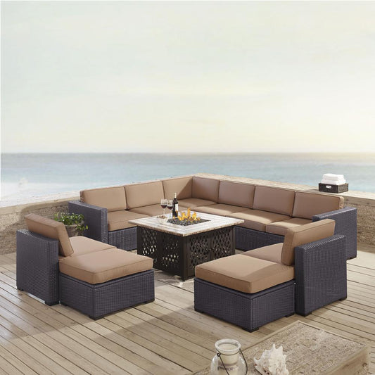 Biscayne 8Pc Outdoor Wicker Sectional Set W/Fire Table Mocha/Brown - 3 Loveseats, 2 Armless Chairs, 2 Ottomans, & Tucson Fire Table