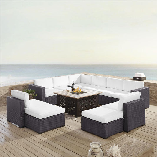 Biscayne 8Pc Outdoor Wicker Sectional Set W/Fire Table White/Brown - 3 Loveseats, 2 Armless Chairs, 2 Ottomans, & Tucson Fire Table