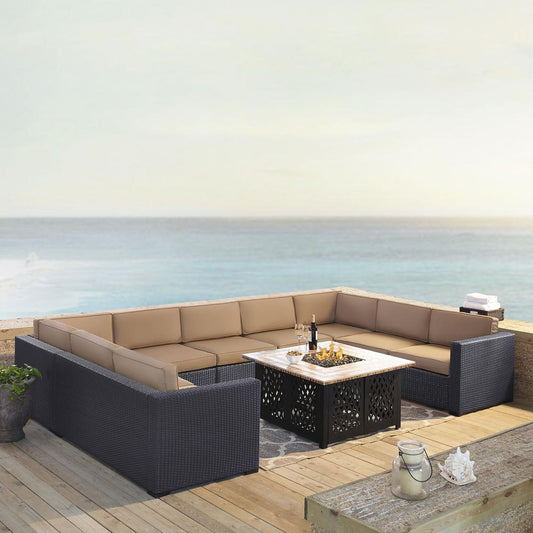 Biscayne 6Pc Outdoor Wicker Sectional Set W/Fire Table Mocha/Brown - Armless Chair, Tucson Fire Table, & 4 Loveseats