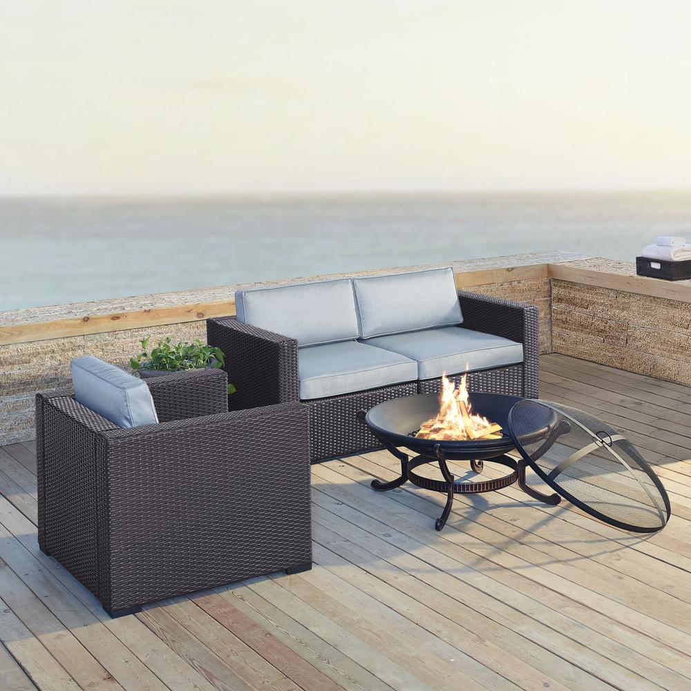 Biscayne 4Pc Outdoor Wicker Conversation Set W/Fire Pit Mist/Brown - Armchair, Ashland Firepit, & 2 Corner Chairs