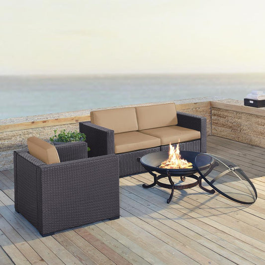 Biscayne 4Pc Outdoor Wicker Conversation Set W/Fire Pit Mocha/Brown - Armchair, Ashland Firepit, & 2 Corner Chairs