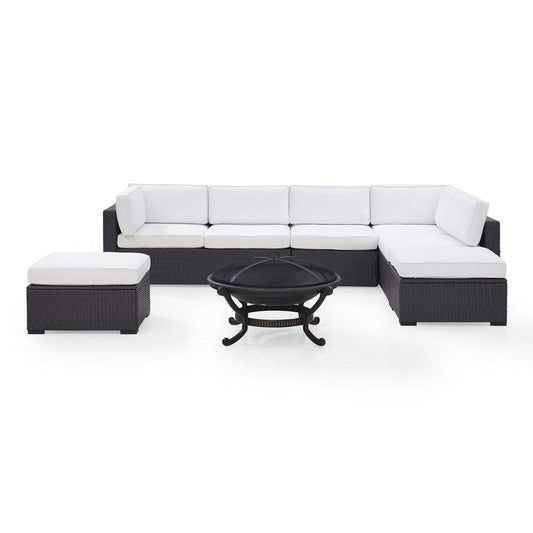 Biscayne 6Pc  Outdoor Wicker Sectional Set W/Fire Pit White/Brown - Ashland Firepit, 2 Loveseats,  Armless Chair, & 2 Ottomans