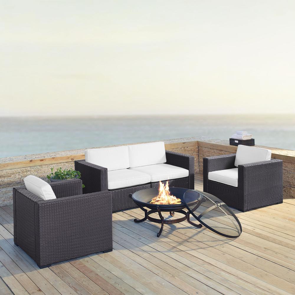 Biscayne 5Pc Outdoor Wicker Conversation Set W/Fire Pit White/Brown - Ashland Firepit, 2 Armchairs, & 2 Corner Chairs