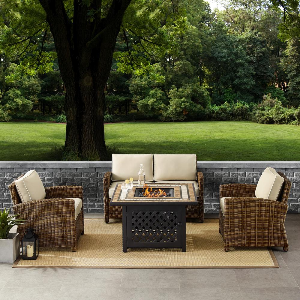 Bradenton 4Pc Outdoor Wicker Conversation Set W/Fire Table Weathered Brown/Sand - Loveseat, Tucson Fire Table, & 2 Arm Chairs