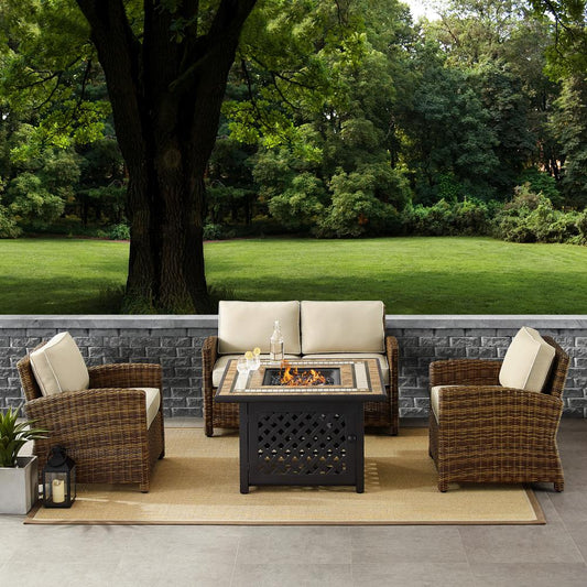 Bradenton 4Pc Outdoor Wicker Conversation Set W/Fire Table Weathered Brown/Sand - Loveseat, Tucson Fire Table, & 2 Arm Chairs