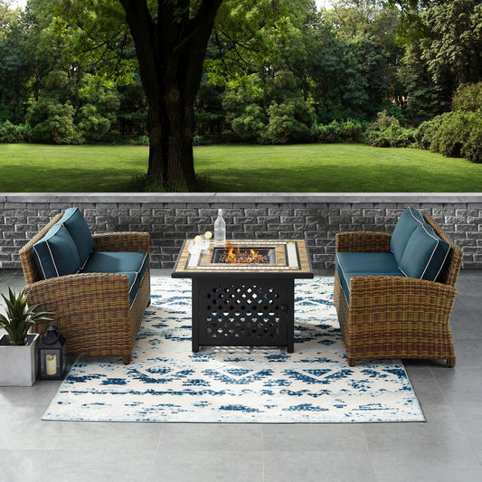 Bradenton 3Pc Outdoor Wicker Conversation Set W/Fire Table Navy/Weathered Brown - Tucson Fire Table & 2 Loveseats