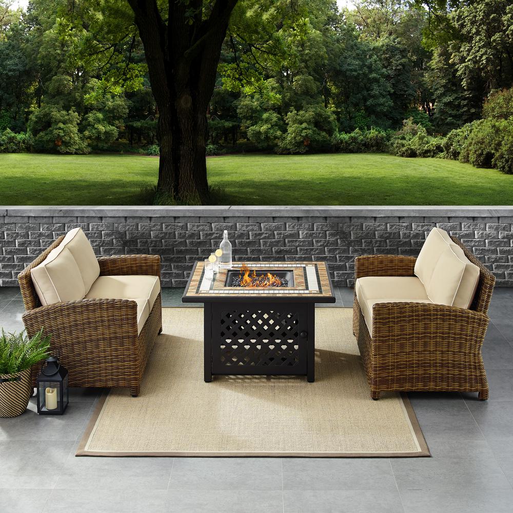 Bradenton 3Pc Outdoor Wicker Conversation Set W/Fire Table Sand/Weathered Brown - Tucson Fire Table & 2 Loveseats