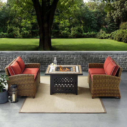 Bradenton 3Pc Outdoor Wicker Conversation Set W/Fire Table Sangria/Weathered Brown - Tucson Fire Table & 2 Loveseats