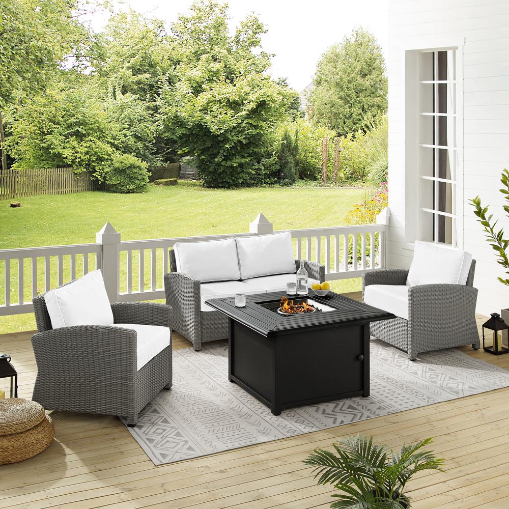 Bradenton 4Pc Outdoor Convo Set W/Fire Table - Sunbrella White/Gray - Loveseat, Dante Fire Table, & 2 Armchairs