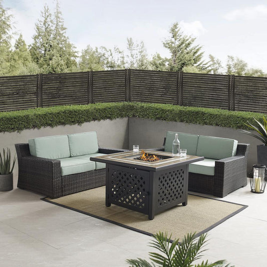 Beaufort 3Pc Outdoor Wicker Conversation Set W/Fire Table Mist/Brown - Tucson Fire Table & 2 Loveseats